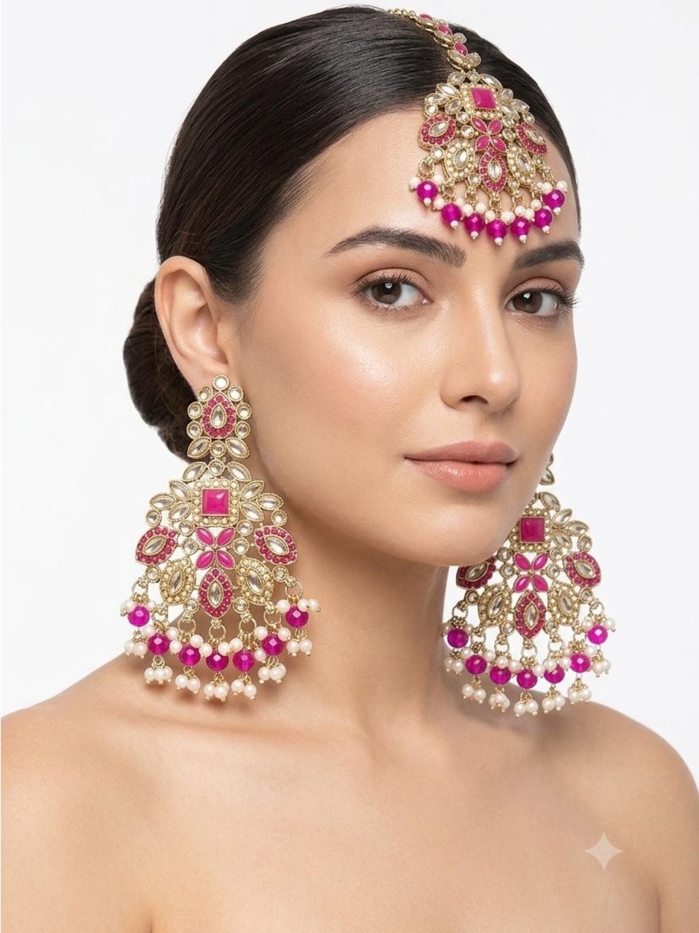 Gold-Tone Pink Kundan Jhumka Earrings and Maang Tikka Set